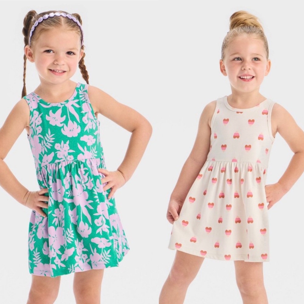 Lot of 2 Cat & Jack Toddler Girls‎ Sleeveless Dress Green Floral & Heart 2T